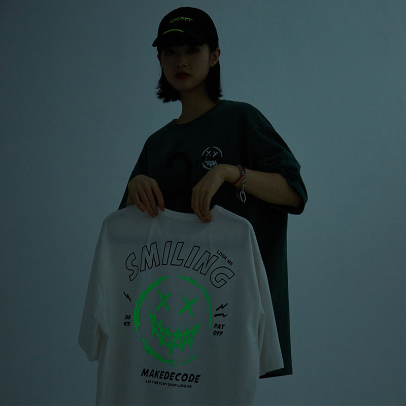 中性主推2021新品夜光笑脸印花t恤女情侣纯棉体恤衫H1021,女装T恤,电商A362