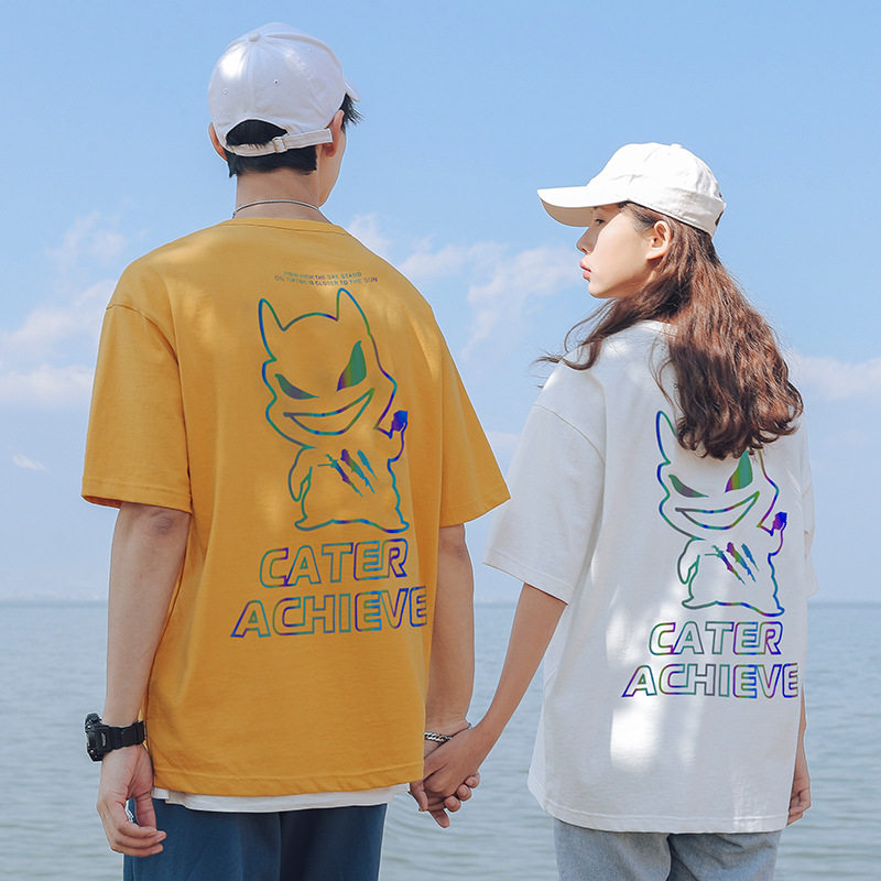 旅拍外景2021春夏新款反光卡通印花短袖T恤情侣体恤H1026,男装T恤,电商A362