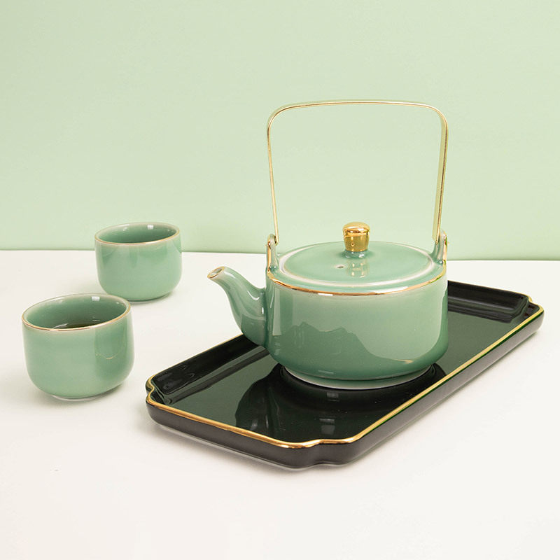 陶瓷大容量提梁壶带茶盘泡茶壶喝茶杯功夫茶具家用便携托盘套装