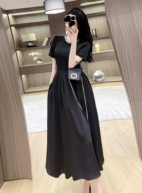夏季新款赫本风法式优雅黑色镶钻连衣裙小个子感收腰显瘦长裙气质
