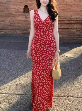 春天要穿碎花连衣裙 红色吊带连衣裙夏季裙女两色度假裙女热卖