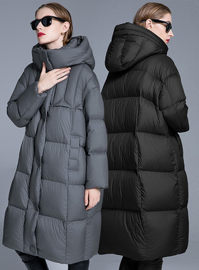 90白鸭绒灰色连帽羽绒服女长款2025冬季新款简约宽松加厚显瘦外套