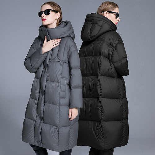 90白鸭绒连帽长款加厚羽绒服女