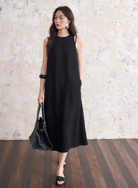 气质法式赫本风醋酸无袖连衣裙女热卖夏季新款垂感气质黑色长裙