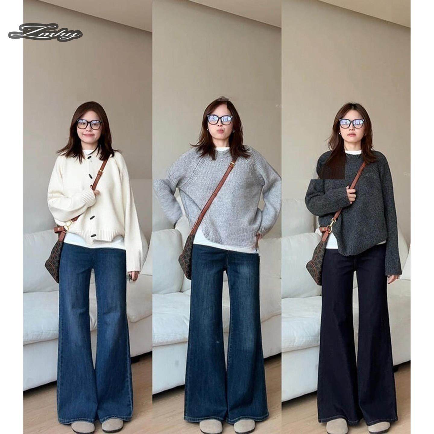 丹宁蓝不贴腿高腰微喇叭牛仔裤女2025秋冬加绒小个子深蓝色阔腿裤