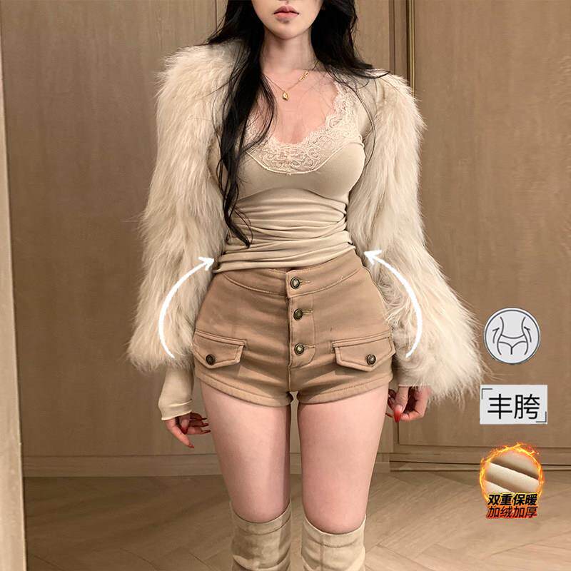 李李服饰卡其色老钱风丰胯牛仔短裤女外穿冬2025加绒加厚高腰热裤