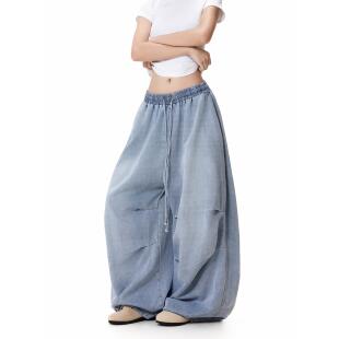 美式街头褶皱松紧腰设计阔腿牛仔裤男女宽松休闲hiphop垂感裤子潮