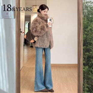 复古加绒微喇牛仔裤女秋冬2025新款高腰显瘦不贴腿小个子喇叭裤子