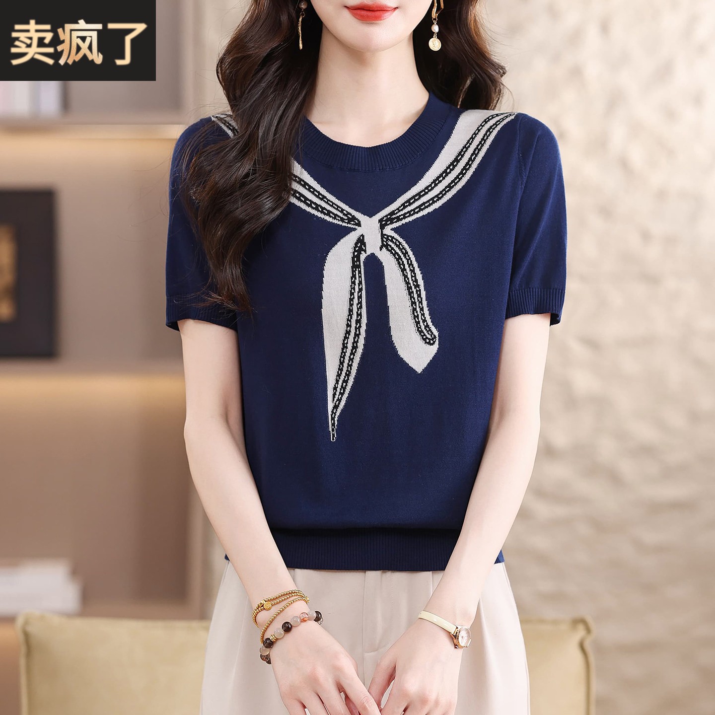 蝴蝶结提花短袖T恤女士洋气妈妈夏装莱赛尔天丝圆领薄款针织上衣