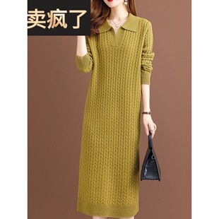 翻领加厚麻花长款100%纯羊毛打底衫连衣裙2025秋冬针织全毛毛衣女