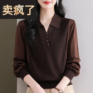 雪纺拼接冰丝针织衫女2024春装新款宽松套头上衣polo领假两件衬衫