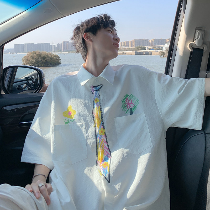 B东日系男装原创百搭老钱风趣味手绘领带短袖衬衫宽松涂鸦衬衣