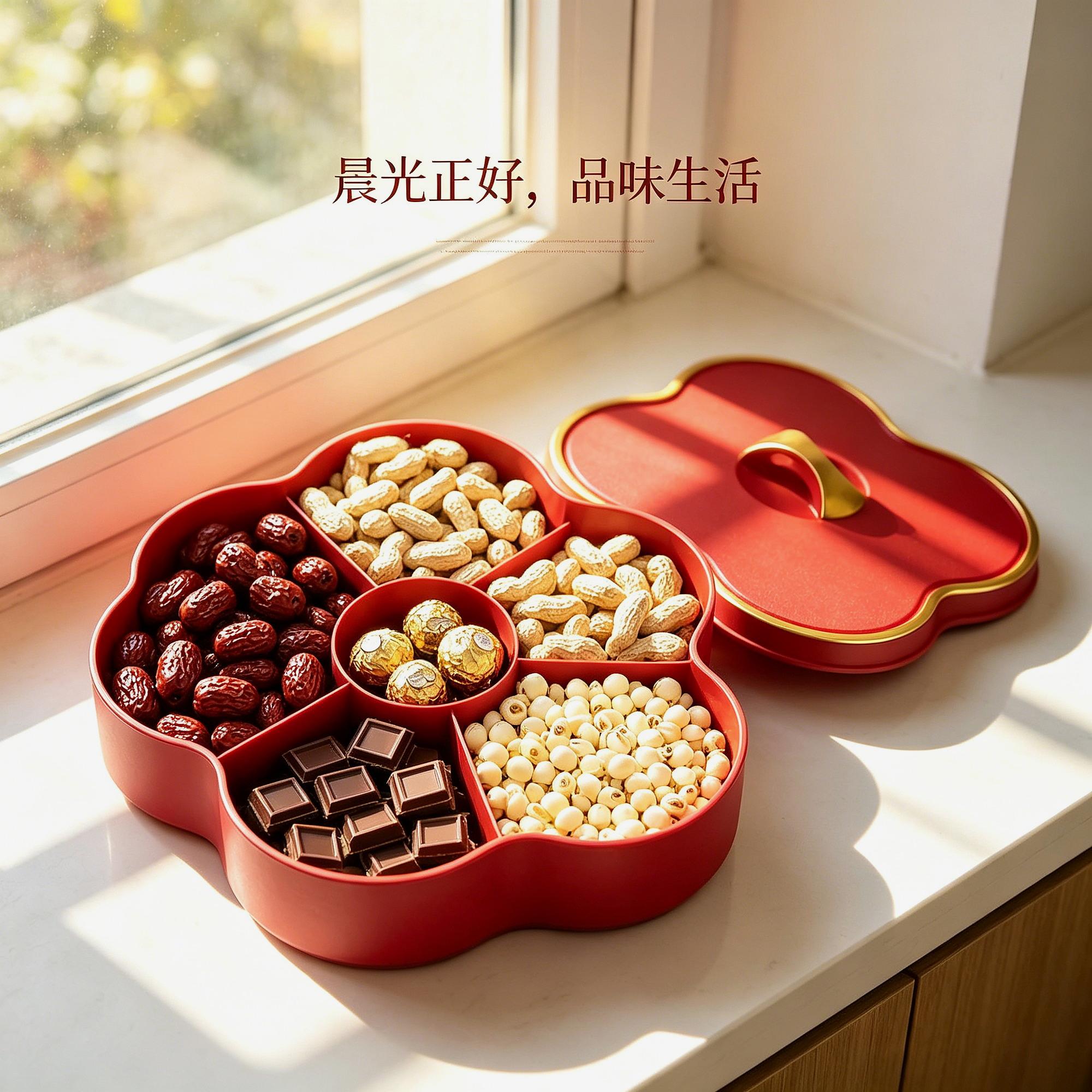 四宫格中式糖果盒茶几用的红结