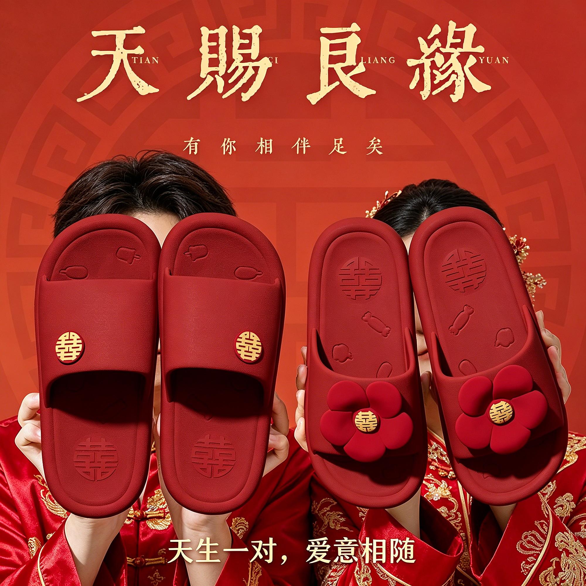 结婚拖鞋喜庆红色一对情侣陪嫁