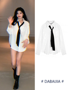 领带衬衫2024年女装新款秋季设计感小众宽松长袖白色衬衣宽松上衣