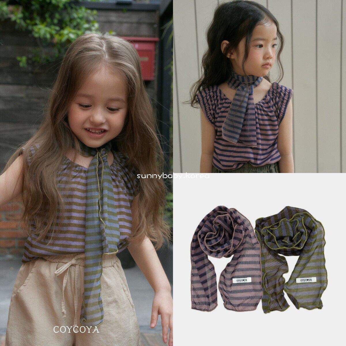 COYCOYA韩国进口童装代购26夏女中小童洋气条纹长条丝带围巾配饰