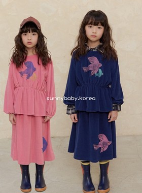 NAVI韩国进口童装代购26春女小大童棉涂鸦飞鸟裙边卫衣时髦半身裙