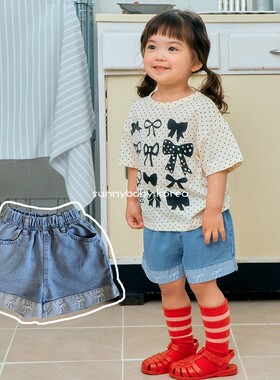 1st韩国进口童装代购26夏女小大童宝薄棉洋气刺绣蝴蝶结牛仔短裤
