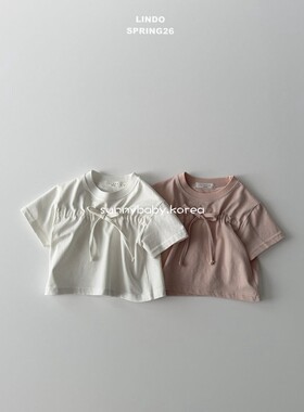 LINDO韩国进口童装代购26春女小童宝柔软个性抽绳蝴蝶结短袖T恤衫