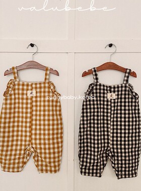 VALU BEBE韩国童装代购26春男女婴童棉柔复古格纹菲边吊带连体裤