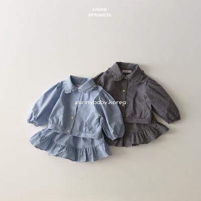 LINDO韩国进口童装代购26春女小童洋气翻领格子衬衫T恤半身裙套装