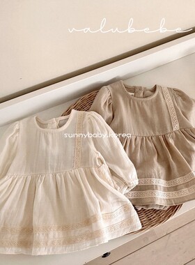 VALU BEBE韩国进口童装代购26春女婴童棉柔蕾丝边包屁连衣裙爬服