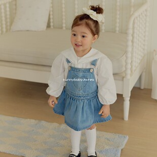 UEO韩国进口童装代购26春女童小大童爱心捏褶牛仔裙连衣裙背带裙