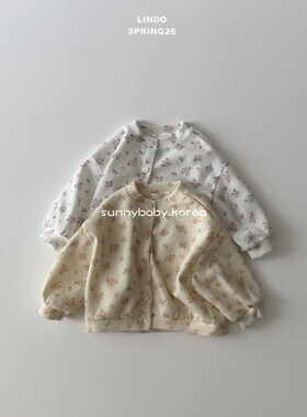 LINDO韩国进口童装代购26春女小童宝甜美碎花华夫格休闲开衫外套