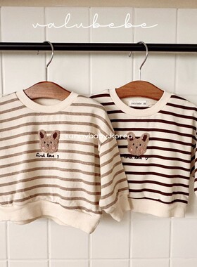 VALU BEBE韩国童装代购26春男女婴小童棉柔卡通小熊条纹套头卫衣