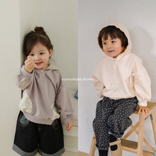 ONU韩国进口童装代购26春中小童男女童纯棉连帽拼色插兜套头卫衣