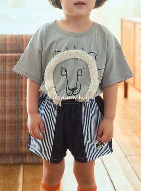 1st韩国进口童装代购26夏男女小大童宝薄棉个性拼接条纹牛仔短裤