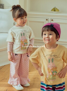 1st韩国进口童装代购26夏男女小大童薄棉可爱卡通兔子宽松短袖T恤