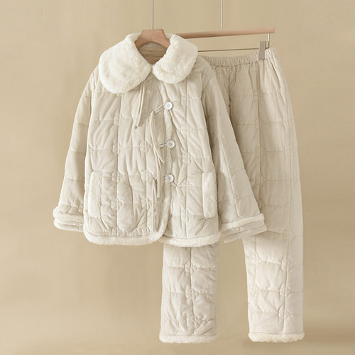 米色毛毛领加厚睡衣女士冬季三层夹棉套装珊瑚绒保暖家居服