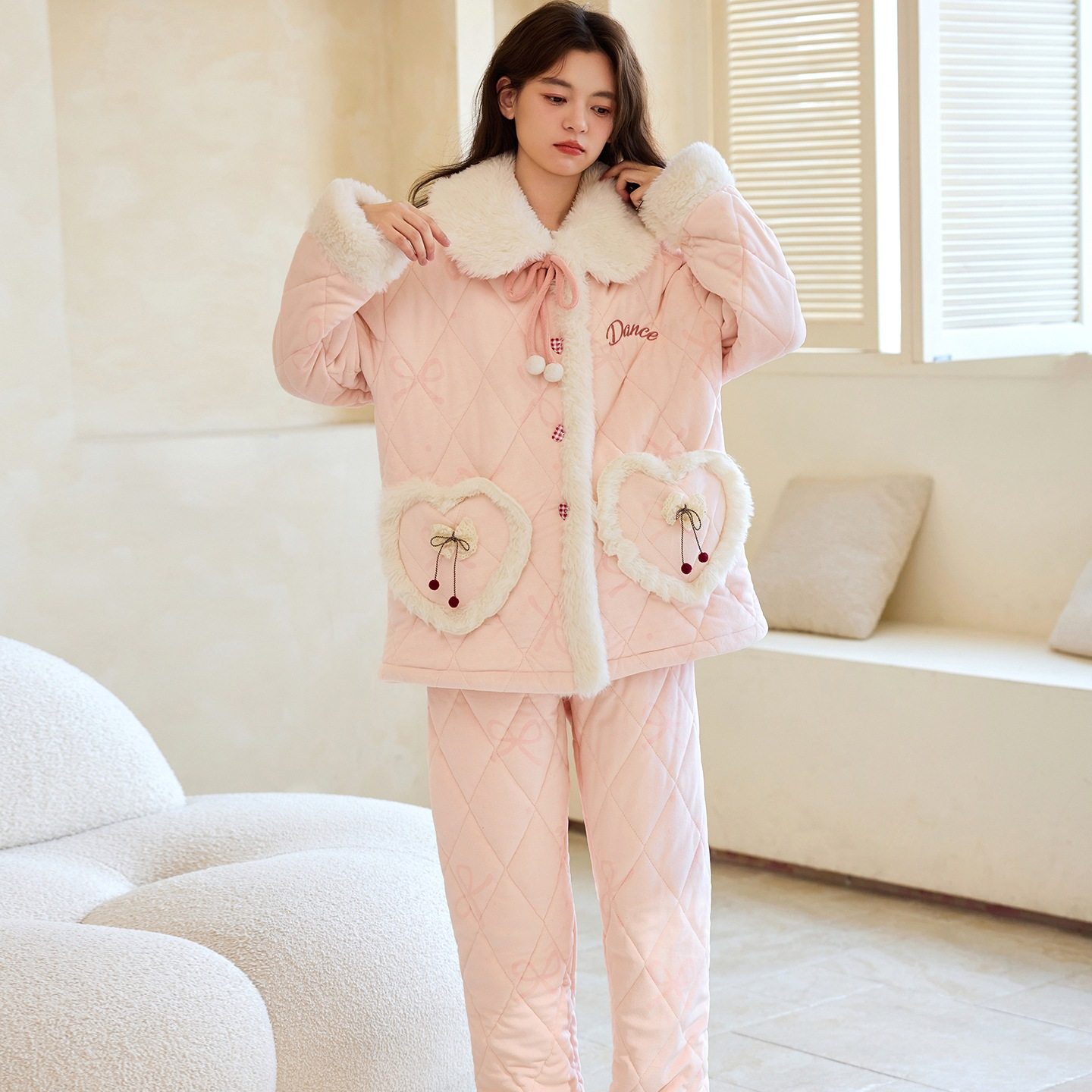 海岛绒三层夹棉保暖睡衣女长袖2026冬季新款