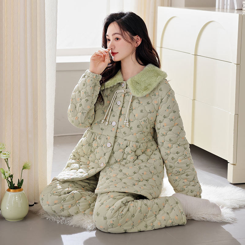 珊瑚绒睡衣女秋冬季加厚保暖三层夹棉2025新款女士冬天家居服套装