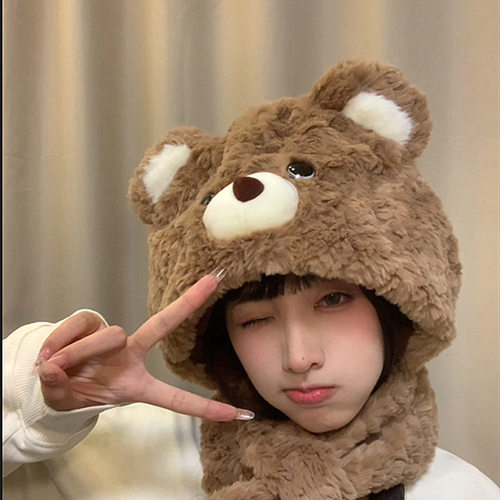 爱尚优小熊帽子毛绒围巾女冬季可爱冬手套三件套连帽一体护耳围脖