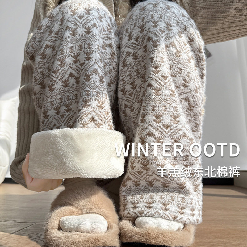 东北特厚棉裤女冬季新款休闲羊羔绒阔腿裤加绒加厚民族风圣诞裤子