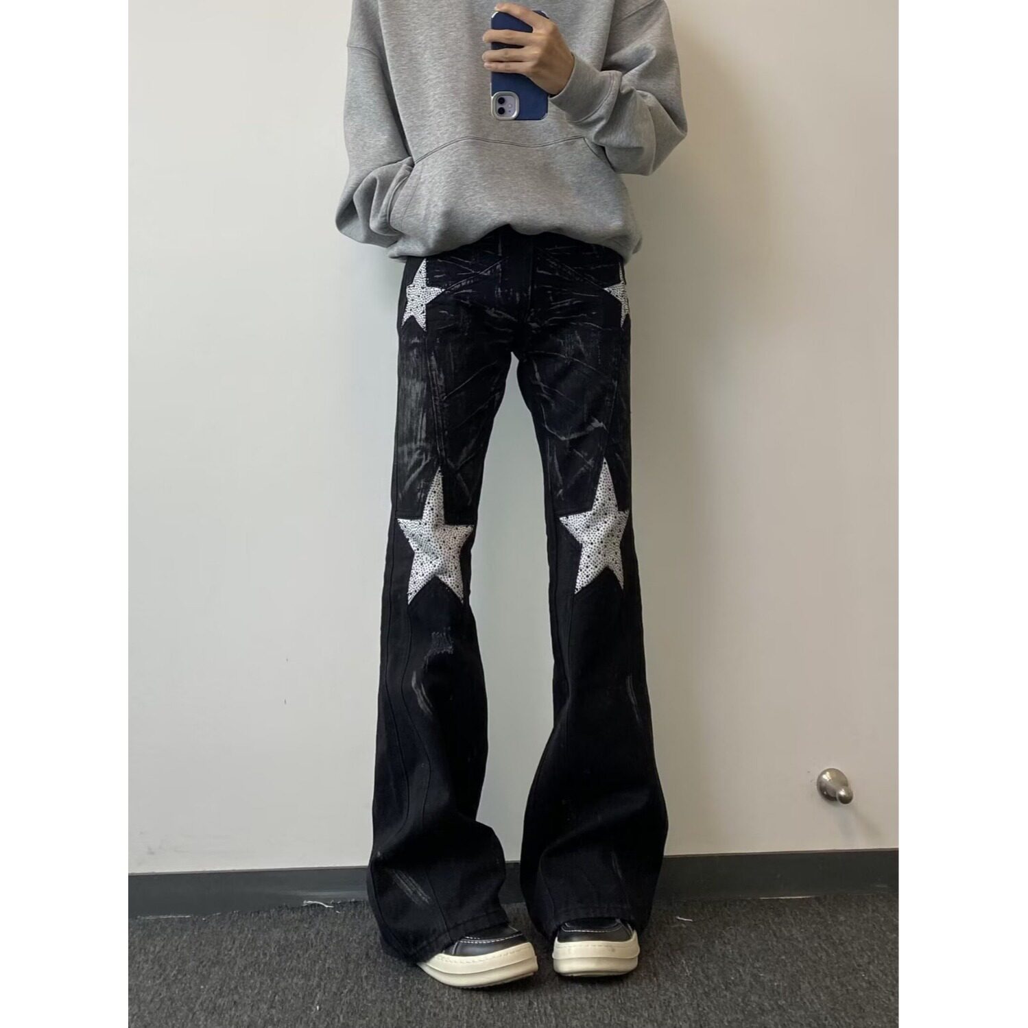 美式RO高街复古五角星烫钻微喇漆染牛仔裤男女宽松百搭休闲长裤
