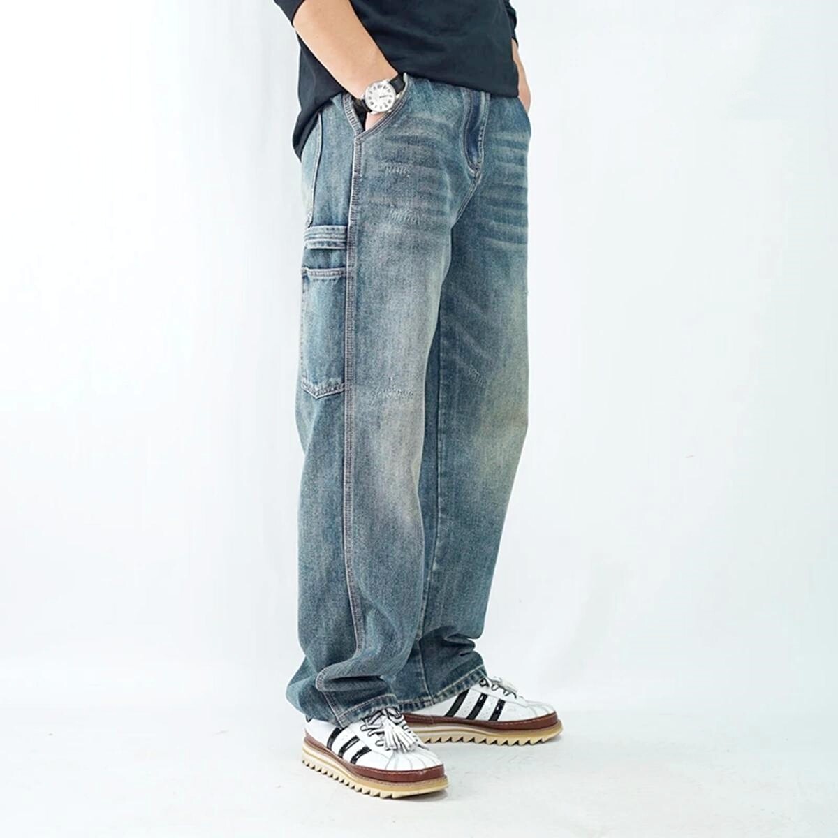 新款美式复古水洗牛仔裤春季新款直筒阔腿工装裤男士牛仔裤男款 - 媛杉美依Studio出品
