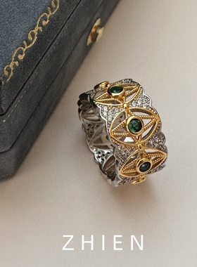 S925纯银戒指宫廷风绿钻镂空银戒