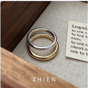 至恩S925纯银戒指女ins风闭口指环简约金色时髦冷淡风泥鳅背素圈