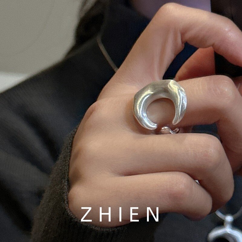 S925纯银磨砂月牙戒指女夸张时尚
