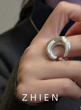 S925纯银磨砂月牙戒指女夸张时尚
