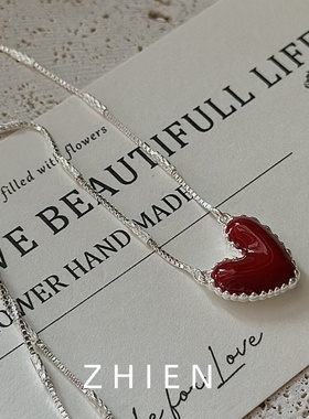 日韩设计师925银红色爱心项链