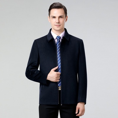 2025冬羊毛呢大衣短款纯羊毛夹克男宽松中年爸爸商务翻领羊绒外套