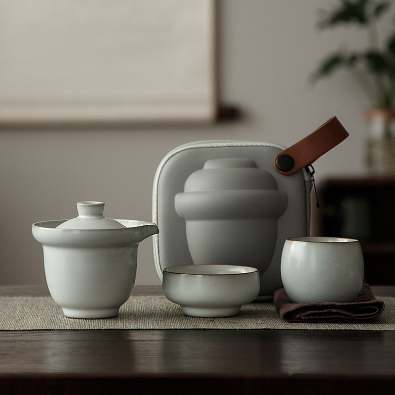 汝窑月白旅行茶具快客杯陶瓷茶具