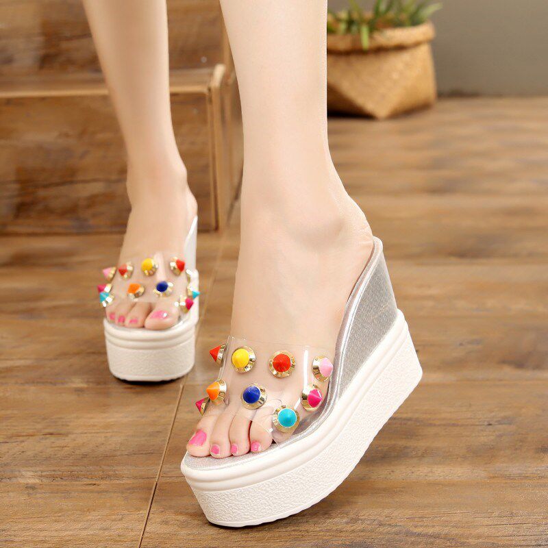 rivet colour transparent Muffin bottom sandals  summer 2019 fashion The thickness of the bottom With slope one word slipperin the Women's Shoes, Slippers  category - from Buy2taobao.com to provide professional Taobao agent buy service