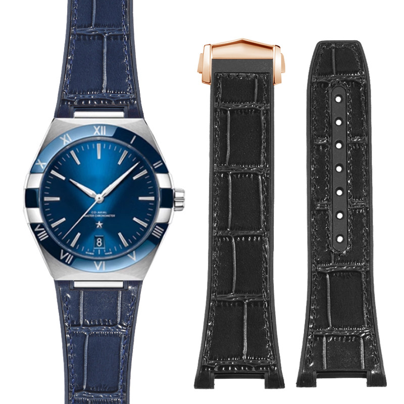 适配欧米茄星座曼哈顿131.13至臻天文台蓝色系列真皮硅胶手表带男