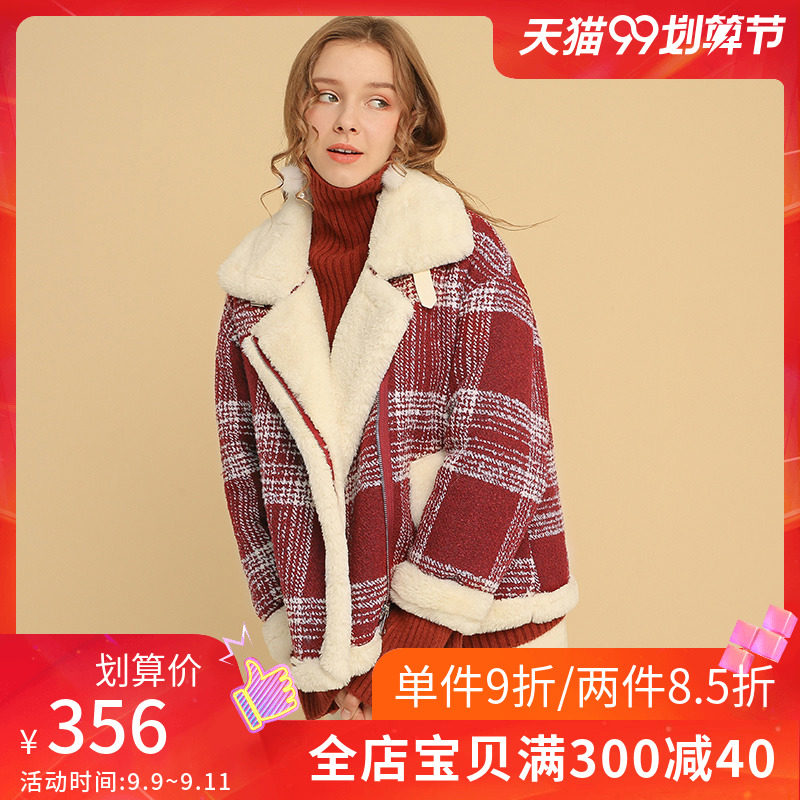 粗花呢大衣女2020秋冬款流行韩版仿兔毛红格子外套休闲保暖时尚款