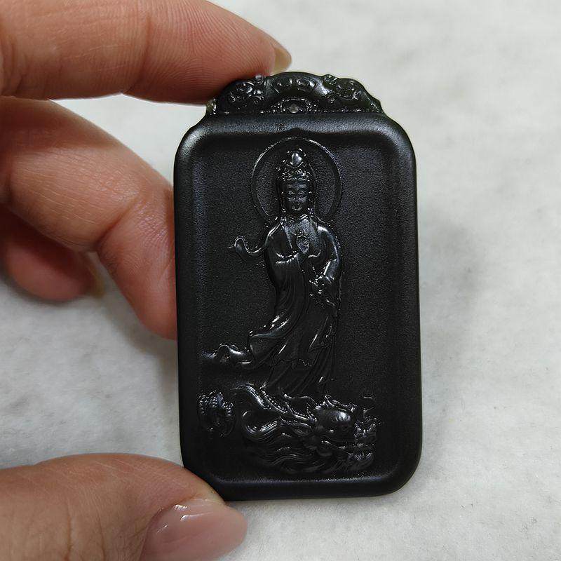 38克和田玉黑青玉乘龙观音吊坠 新疆塔青一细菩萨玉石精品平安牌